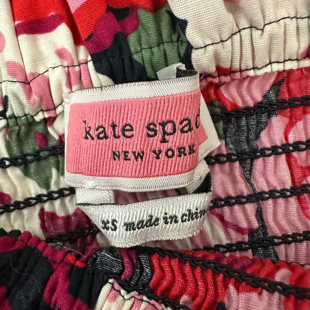 Kate Spade Rosette Blooms Puff Sleeve Smocked Floral Top Red Pink XS